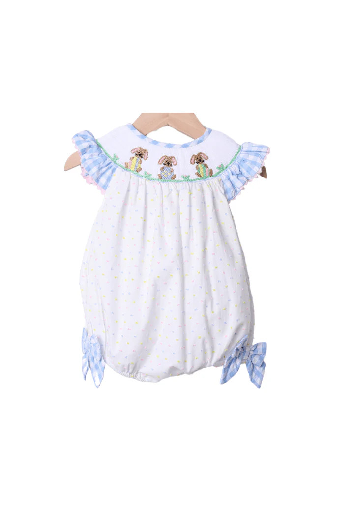 Smocked Bunny Blue Seersucker Gingham Bubble | The Smocked Flamingo