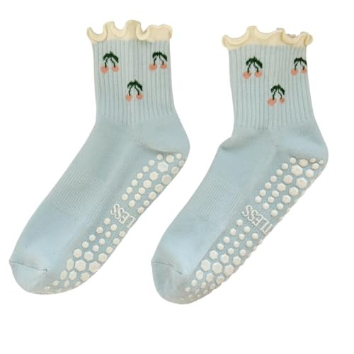 Shapes Studio Crew Half Calf Grip Socks, Cutest Fruits Pilates Socks, Non-Slip, Barre Yoga Fitness, Cherry Printed (US, Numeric, 5, 10, Regular, Regular, Cherry Blue, Effortless Club) | Amazon (US)