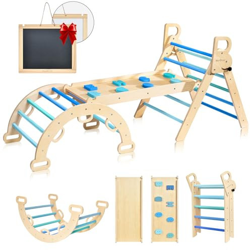 BlueWood Pikler Triangle Set, 7-in-1 Foldable Wooden Toddler Climbing Toys Indoor Playground Jungle Gym Montessori Philosophy Climber for 2-6 Years Old, Baby, Kids (Sky Blue) | Amazon (US)