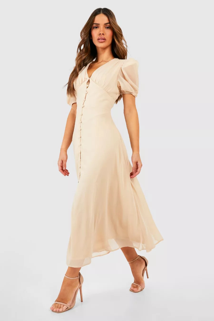 Puff Sleeve Button Through Midi Dress | boohoo (US & Canada)