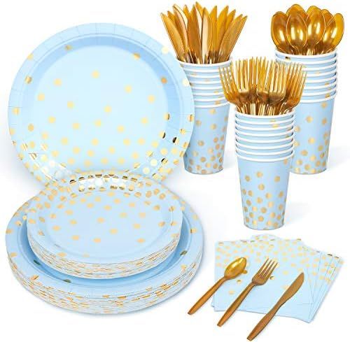 DECORLIFE Baby Shower Plates and Napkins Boy Serves 24, Blue Plates and Napkins Party Supplies Inclu | Amazon (US)