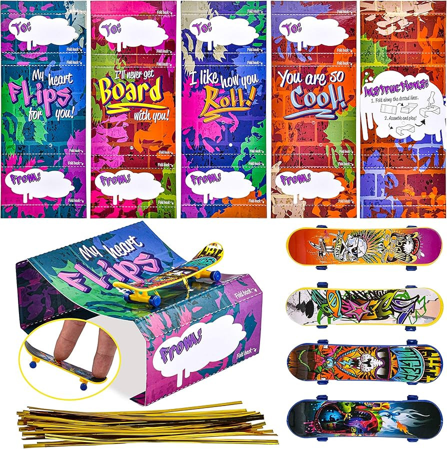 JOYIN 28 Pcs Valentines Day Finger Skateboards with Cards for Kids, Valentine Party Favor, Valent... | Amazon (US)