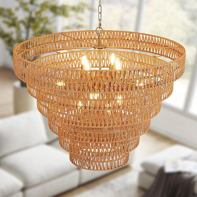 31.5“ Hand-Woven Rattan Chandelier Vintage Farmhouse 12-Lights Boho Bamboo Large Chandeliers Li... | Amazon (US)