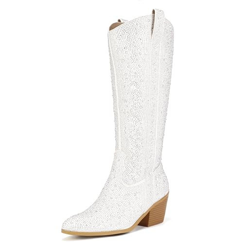IDIFU IN3 Rhinestone Cowboy Boots for Women Knee High Western Cowgirl Boots Pointed Toe Block Chunky Heels Sparkly Glitter Long Tall Dress Booties Party Bling Shiny Boots(White Rhinestone, 8.5) | Amazon (US)