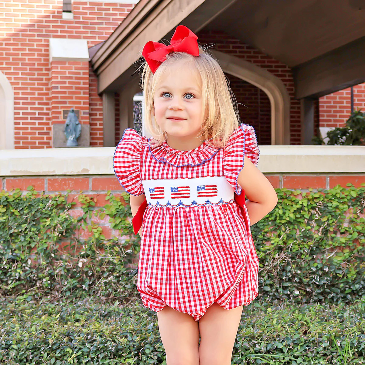 Red Check American Flag Smocked Beverly Bubble | Classic Whimsy