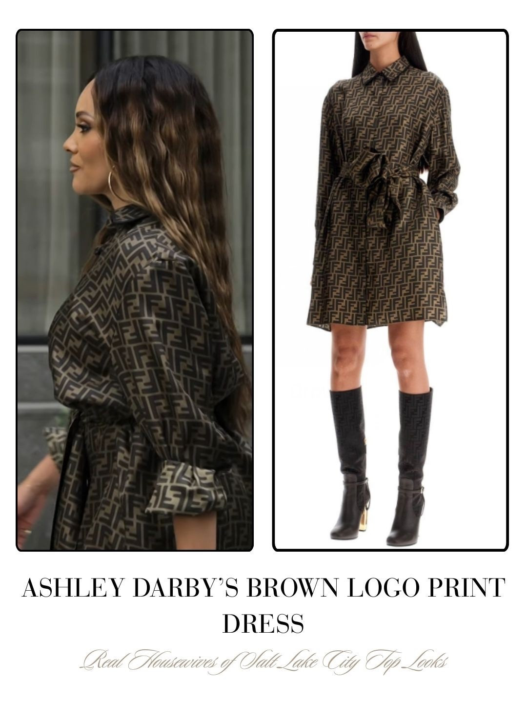 Ashley Darby’s Brown Logo Print Dress