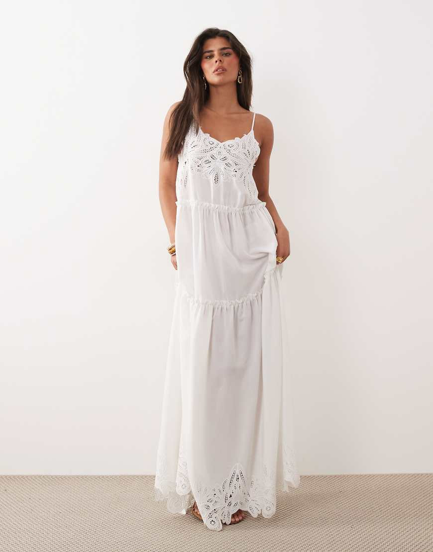 Noughts & Kisses cotton blend tiered broderie maxi dress in white | ASOS (Global)