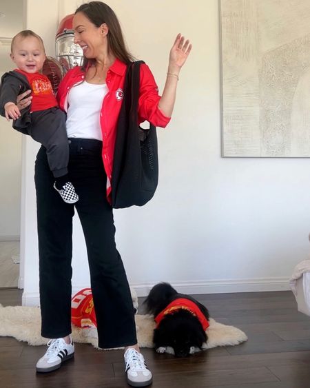 Game day outfit with my boys - go Chiefs! - wearing size 2 P in the jeans and I got the kids version of the Sambas (size 6 since I wear a size 7 sneaker) 

#LTKfamily