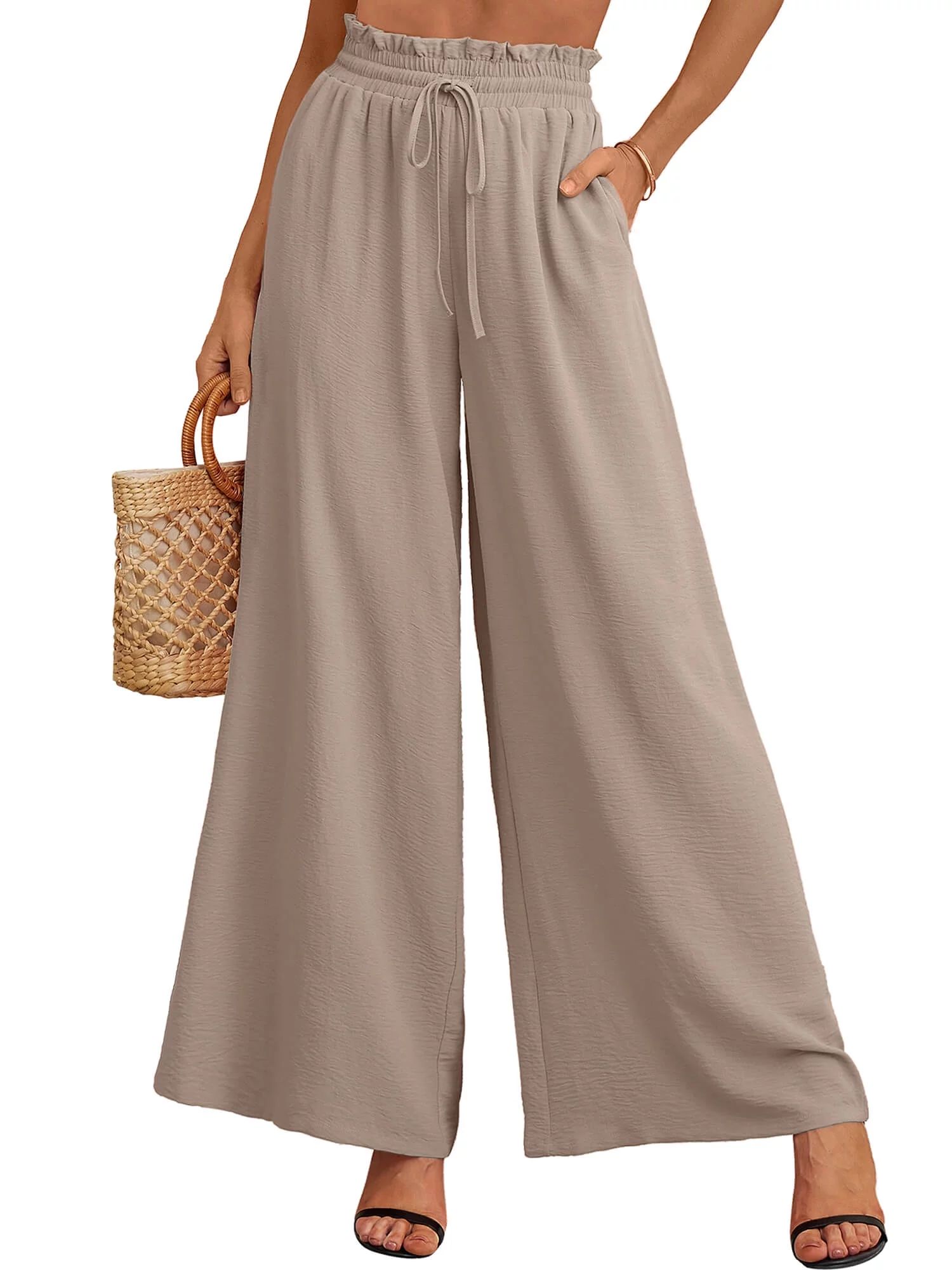 SHOWMALL Women's Pants Casual Elastic High Waisted Wide Leg Pants Wheat L Palazzo Pants with Pock... | Walmart (US)