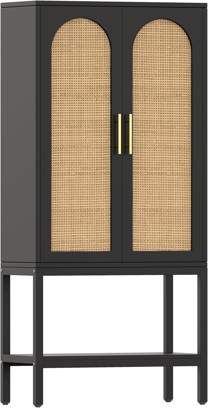 55.3"H Rattan Cabinet with 2 Doors, Bathroom Storage Cabinet with Adjustable Shelf & Open Bottom ... | Amazon (US)