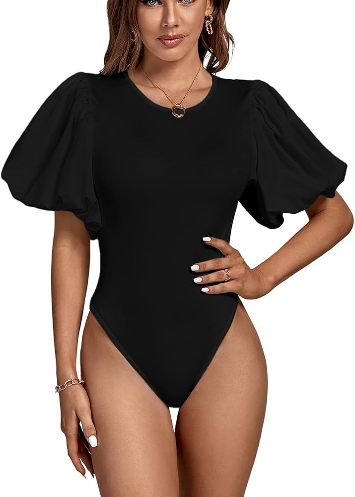 LYANER Women's Casual Round Neck Puff Short Sleeve Leotard Bodysuit Top | Amazon (US)