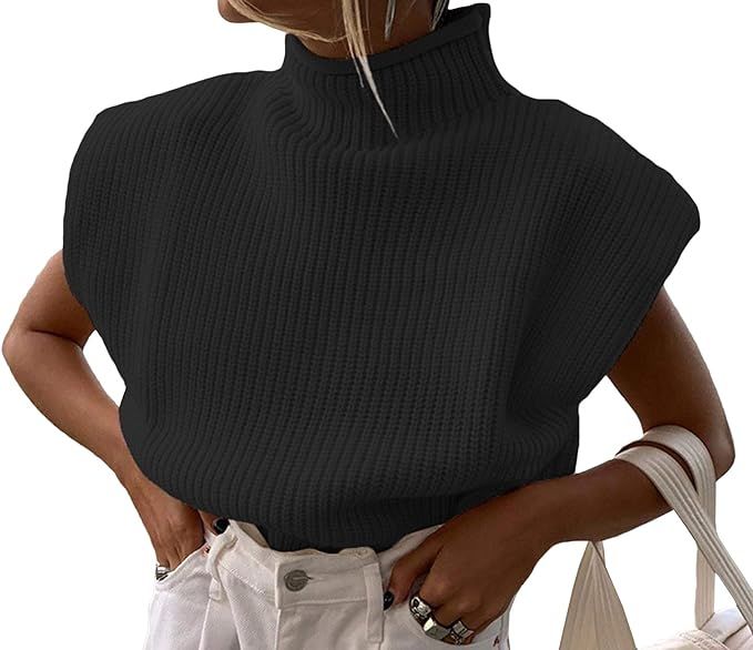xxxiticat Women's Shoulder Pad Sweater Top Sleeveless Turtleneck Wide Shoulder Knitted Sweater Ju... | Amazon (US)