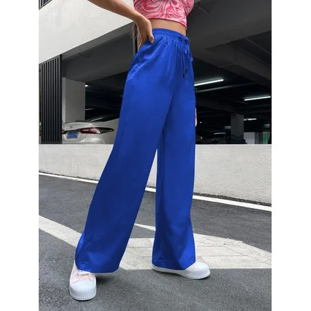 Blue Women s Drawstring Waist Slant Pocket Satin Pants Casual XL(12) S22015004D | Walmart (US)