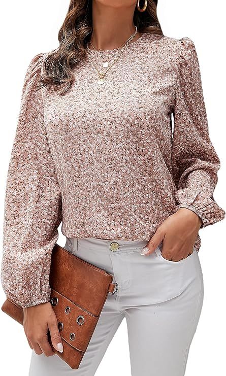 OYOANGLE Women's Floral Bishop Long Sleeve Blouse Keyhole Back Work Office Top Shirt | Amazon (US)