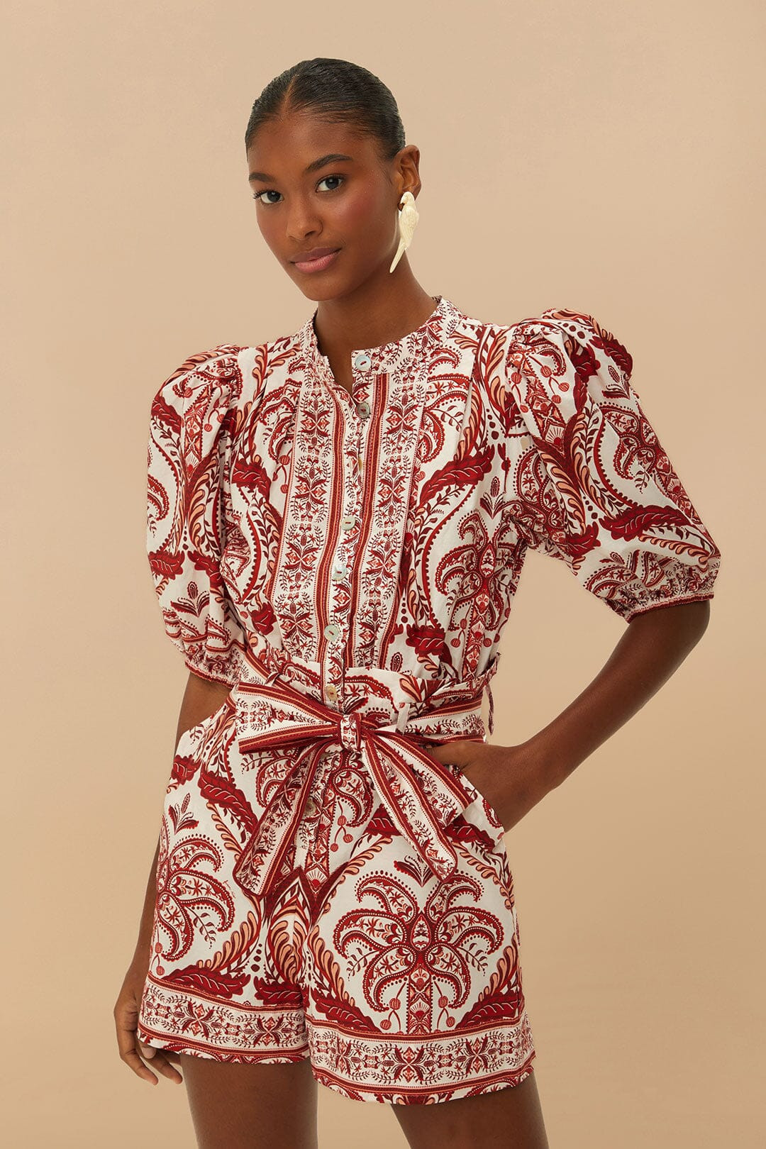 Off-White Tropical Cameo Organic Cotton Romper, TROPICAL CAMEO OFF-WHITE / XS | FarmRio (US)