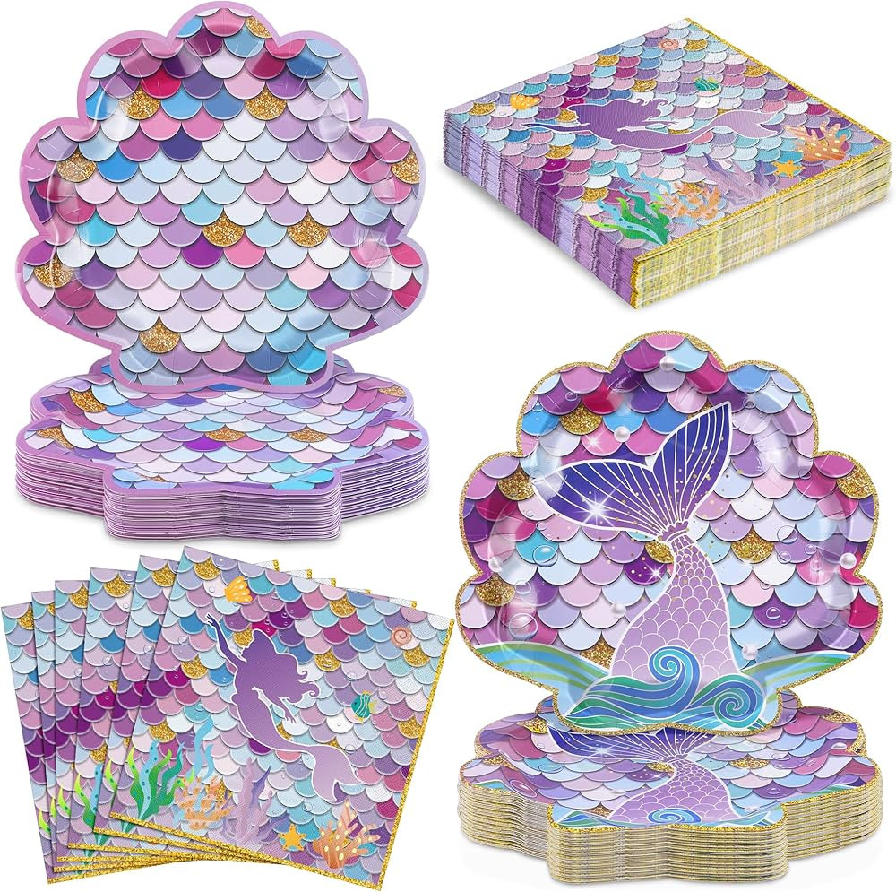 durony 72 Pieces Mermaid Ocean Party Supplies Set Disposable Mermaids Tableware with Dinner Plate... | Amazon (US)