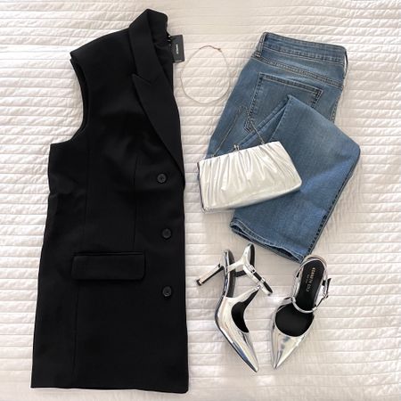 Date night outfit: sleeveless blazer (or longline vest), boyfriend jeans, pearl necklace, silver clutch and heels

#LTKStyleTip #LTKFindsUnder100 #LTKOver40