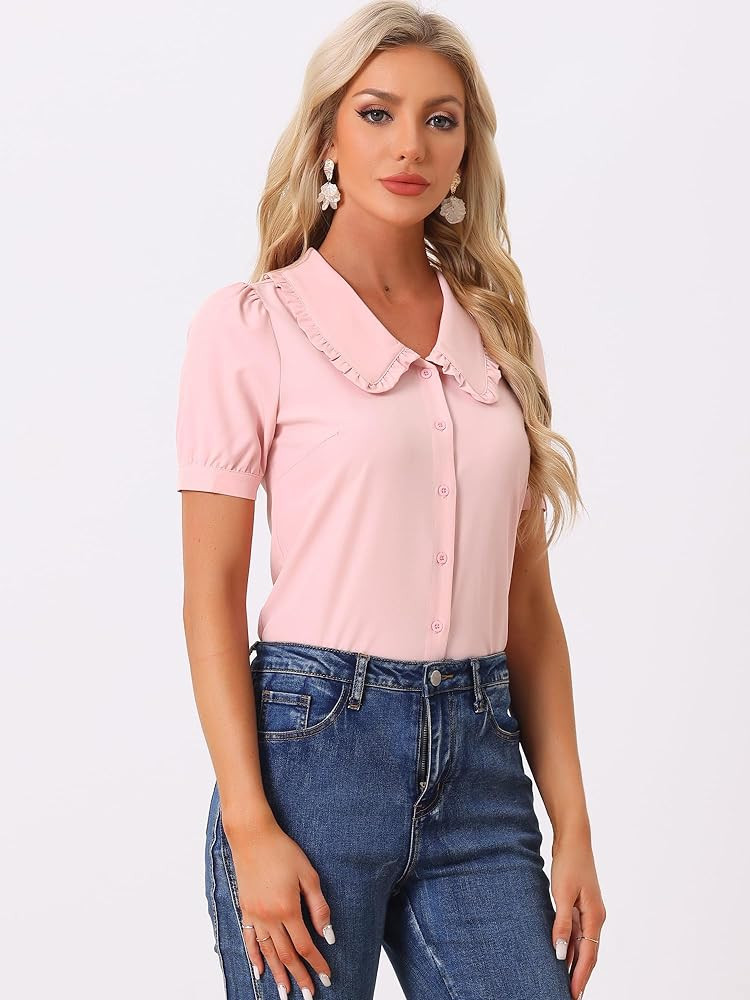 Allegra K Women's Peter Pan Collar Shirt Puff Short Sleeve Retro Vintage Blouse | Amazon (US)