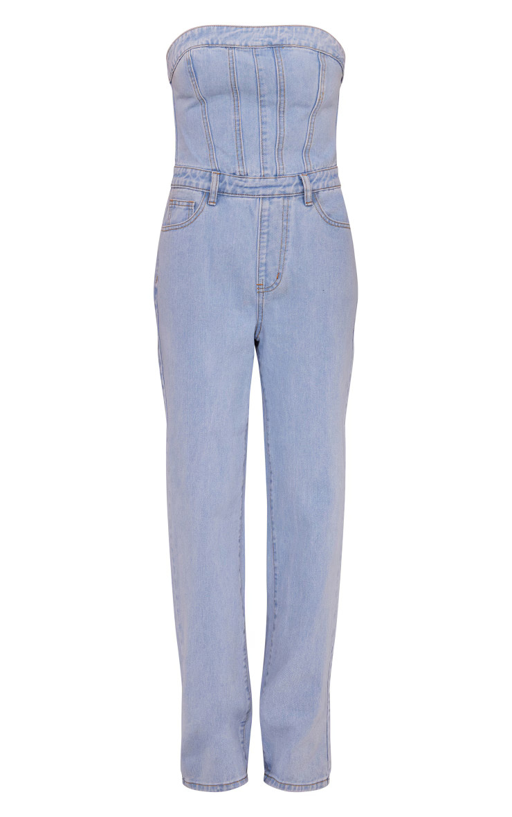 Light Blue Wash Bandeau Denim Jumpsuit | PrettyLittleThing UK