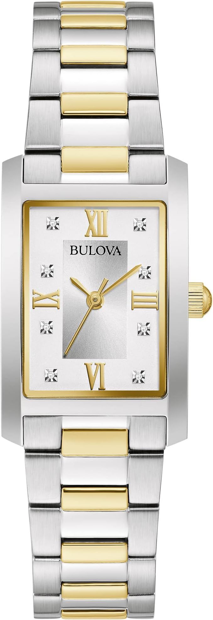 Bulova Ladies' Classic Diamond Two-Tone Stainless Steel 3-Hand Quartz Watch, Rectangle Silver Dia... | Amazon (US)