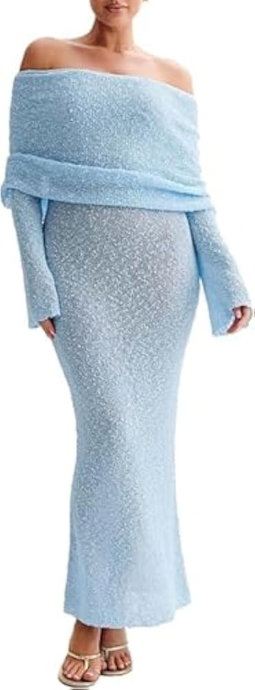 CUTEGAL Women's Off Shoulder Maxi Dress Long Sleeve Bodycon Knit Crochet Mesh Sweater Sexy Vacati... | Amazon (US)