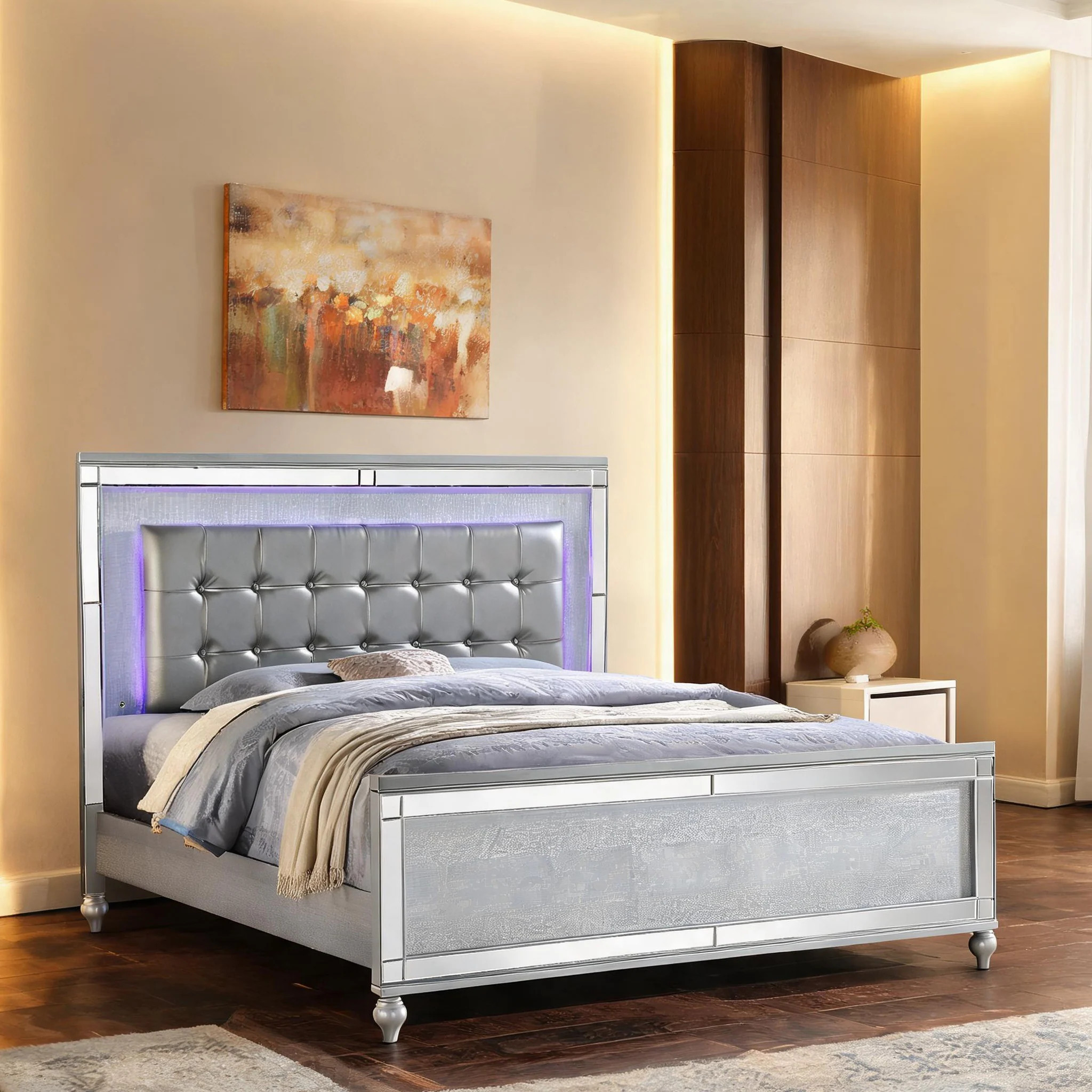SunJet Silver Finish Upholstered King Bed with LED-Integrated Headboard and Wood Frame one_size | Y6G6KKD5YEIK | Lowe's