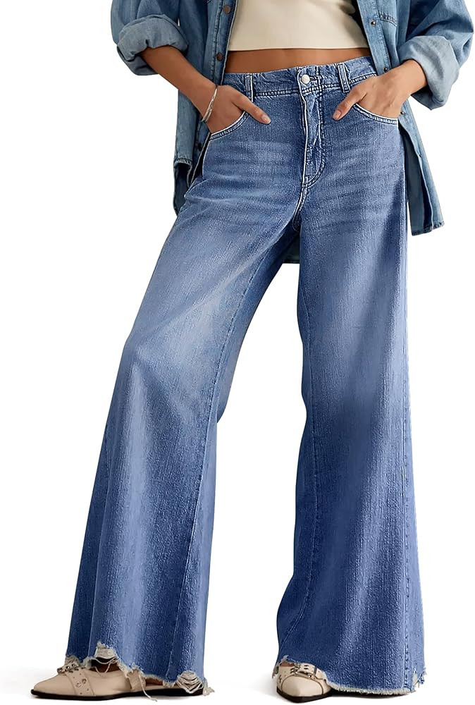 PHISOCKAT Women's Wide Leg Baggy Jeans Mid-Rise Loose Flare Jeans with Frayed Hem Stretchy Denim ... | Amazon (US)