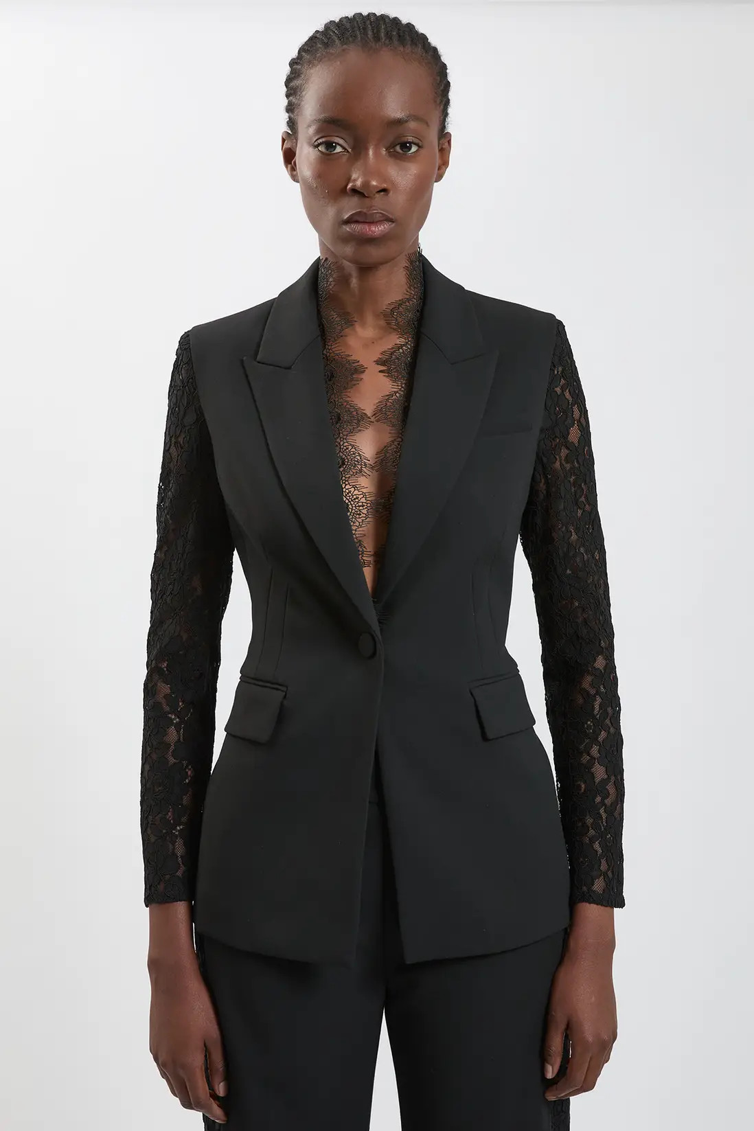 Compact Stretch Lace Mix Tailored Single Breasted Blazer | Karen Millen