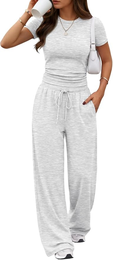 Trendy Queen 2 Piece Matching Summer Lounge Set Womens Side Ruching Top Wide Leg Pants Sets with ... | Amazon (US)