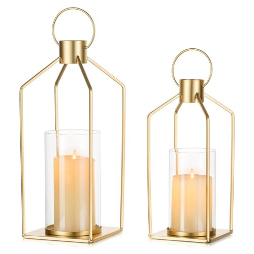 NUPTIO Gold Lanterns Decorative Indoor: Set of 2 Hanging Metal Pillar Candle Lantern with Bottomless Hurricane Glass for Wedding Home Front Porch Outdoor Fireplace Christmas Table Centerpiece | Amazon (US)