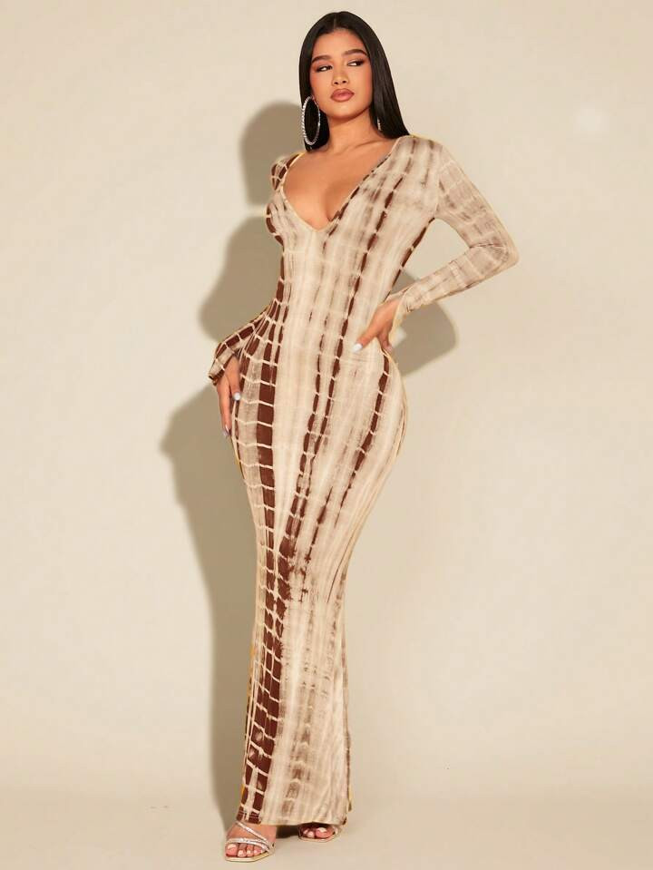 SHEIN SXY Tie Dye Plunging Neck Bodycon Dress | SHEIN