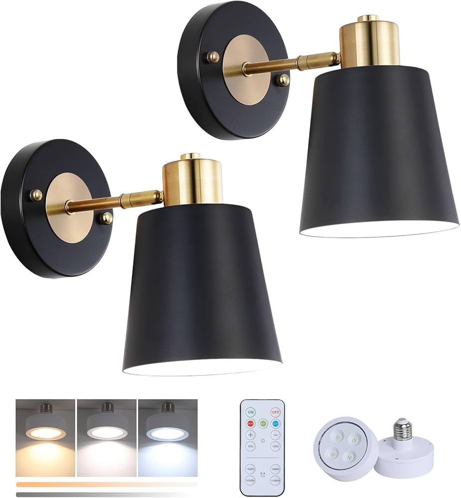 Battery Operated Wall Sconce Set of Two, Black and Gold Modern with Remote Control Dimmable Wall ... | Amazon (US)