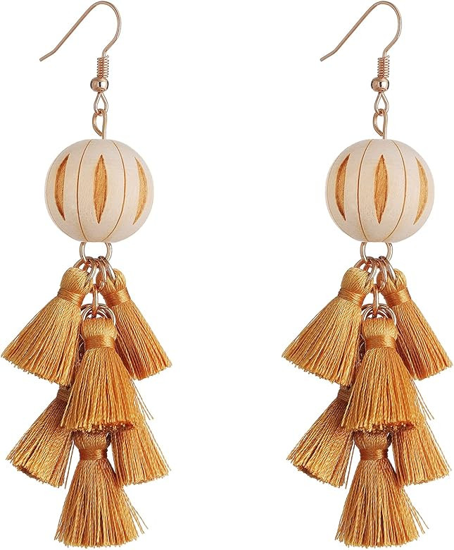 Bohemian Layered Tassel Earrings - Handmade Tiered Tassel Dangle Earrings with Wooden ball for Siste | Amazon (US)