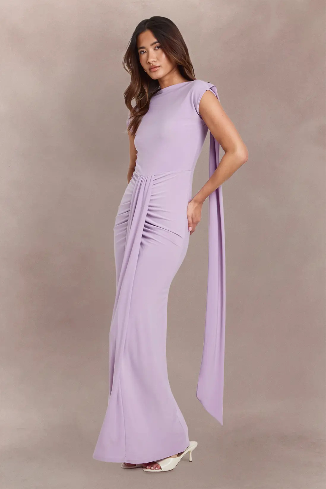 Lilac Double Layer Slinky Grown On Neck Drape Front Maxi Dress | Boohoo | Boohoo.com (UK & IE)