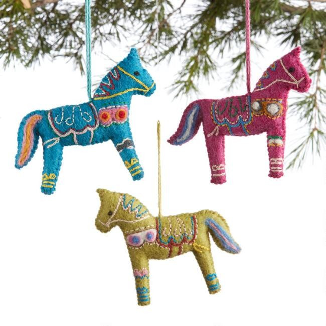 Felted Wool Embroidered Swedish Horse Ornaments Set of 3 | World Market