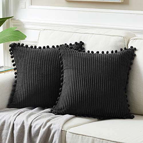 Fancy Homi Pack of 2 Black Decorative Throw Pillow Covers with Pom-poms, Soft Corduroy Solid Square  | Amazon (US)