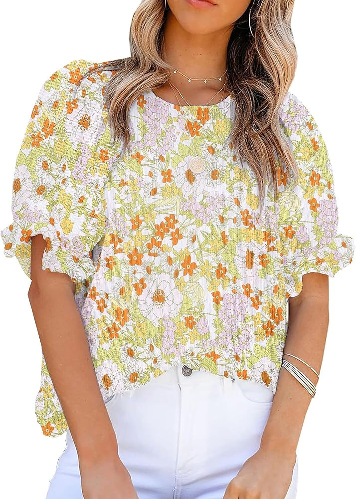 Zeagoo Womens Blouses Dressy Casual Spring Floral Print Crewneck Smocked Puff Short Sleeve Shirts | Amazon (US)