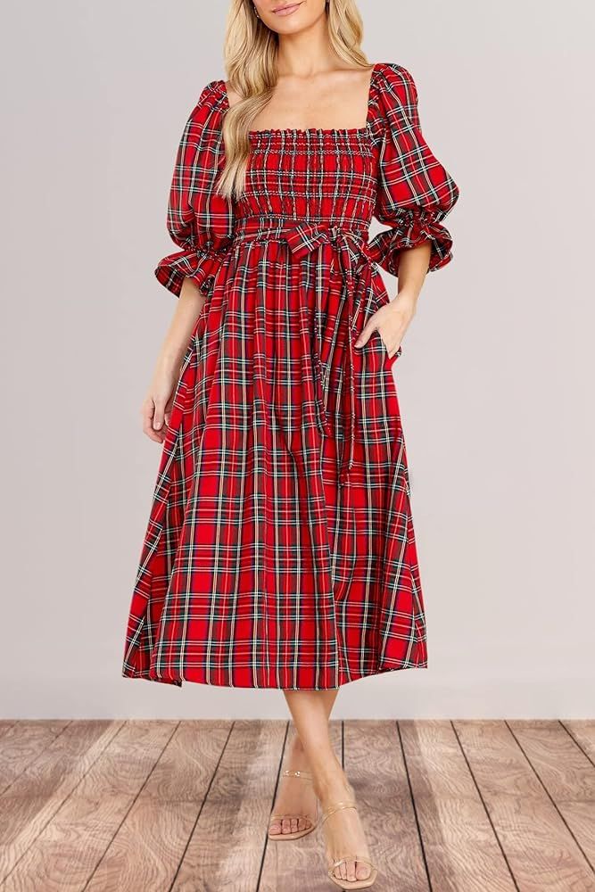 MITILLY Women's Casual Plaid 3/4 Sleeve Square Neck Smocked Ruffle A Line Swing Midi Dress with Pock | Amazon (US)