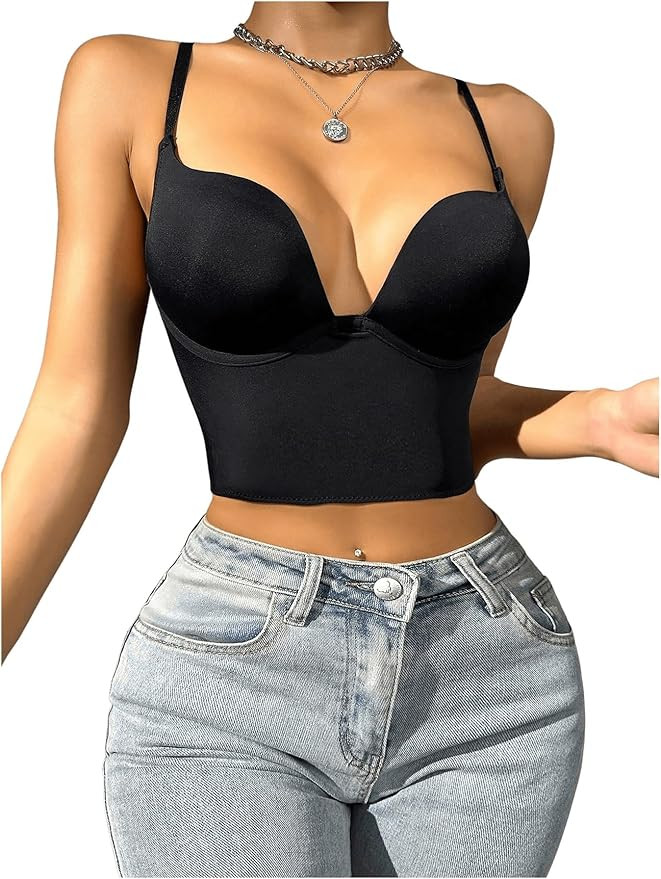 OYOANGLE Women's Open Back Crop Cami Top V Neck Sleeveless Spaghetti Strap Corset Tops | Amazon (US)