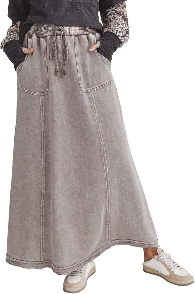 Ainangua Womens High Waist Maxi Skirt Acid Wash Casual Flowy Elastic A Line Travel Boho Long Skir... | Amazon (US)