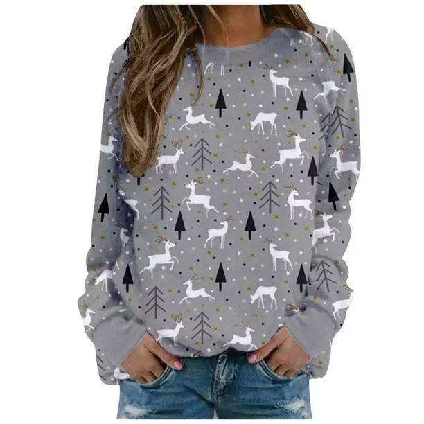 Follure Sweatshirts for Womens Pullover Long Sleeve Christmas Print d Sweatshirt Casual Blouse Pu... | Walmart (US)