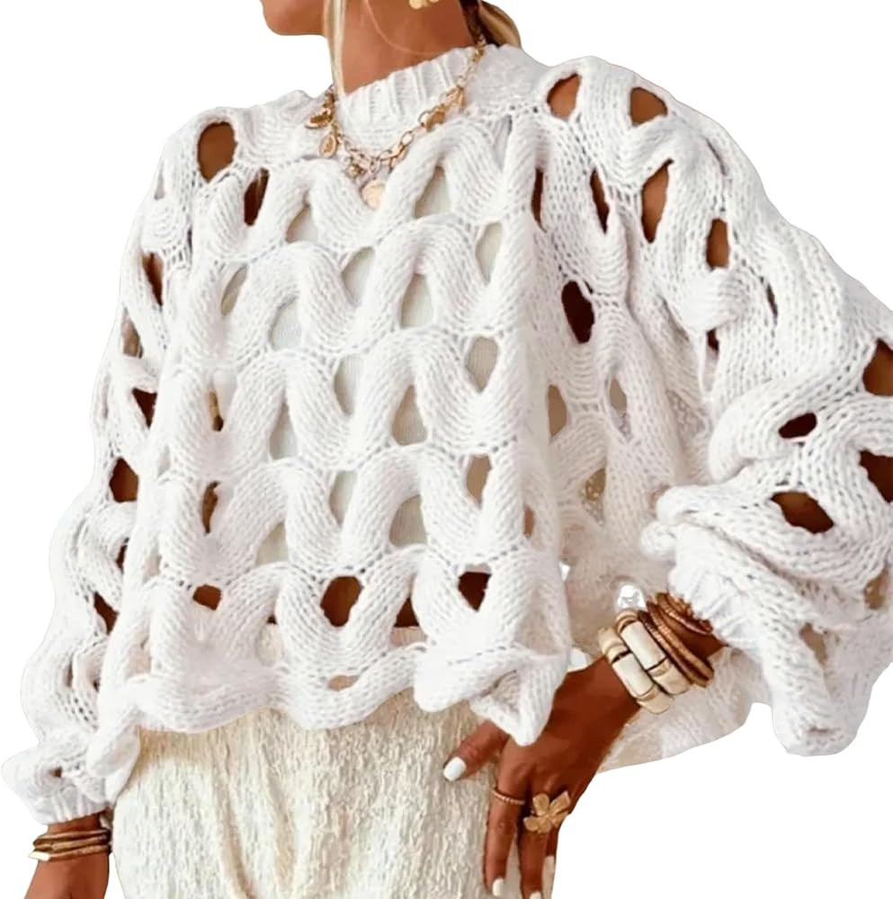 Wyeysyt Hollow Out Pullover Sweaters for Women Oversized Long Sleeve Crew Neck Sweater Chunky Cro... | Amazon (US)