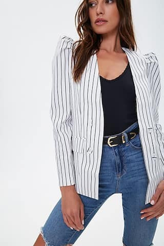 Forever 21 Pinstriped Double-Breasted Blazer , Ivory/black | Forever 21 (US)