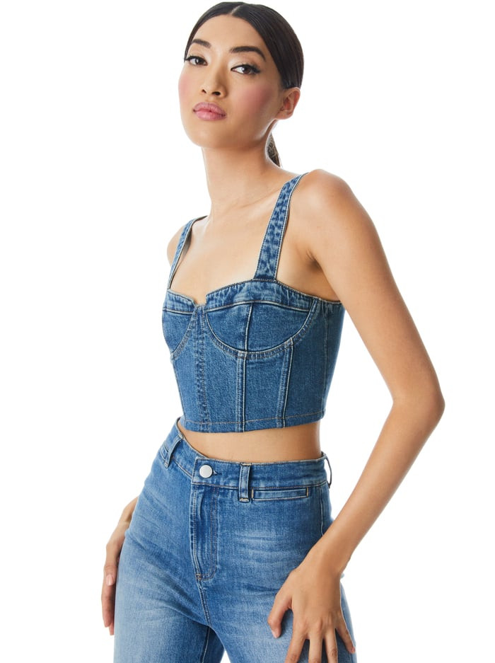 JEANNA DENIM BUSTIER CROP TOP | Alice + Olivia