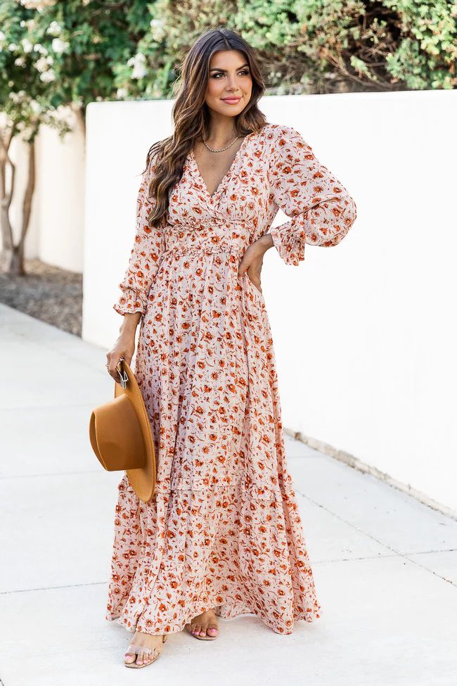 It's All A Dream Rust Floral Ruffle Trim  Maxi Dress | Pink Lily