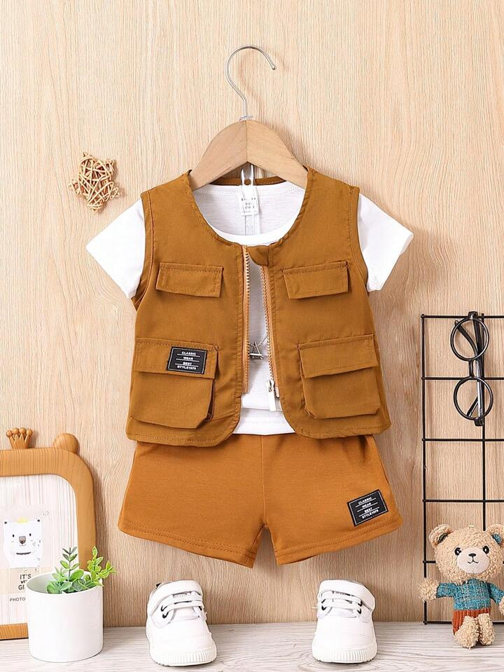 Baby Boy Letter Patched Detail Flap Pocket Vest Jacket & Shorts Without Tee | SHEIN