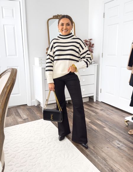 Striped turtleneck sweater size small - sized up a size so it fit flowy around my hips 
Flare jeans size 26 short TTS 
Black Boots size 5.5 TTS - similar linked

Fall Outfits 
Work outfit 
Family Photos 
Jeans 
Fall Shoes 
Boots 

Honey Sweet Petite 
Honeysweetpetite 

#LTKstyletip #LTKsalealert #LTKSeasonal