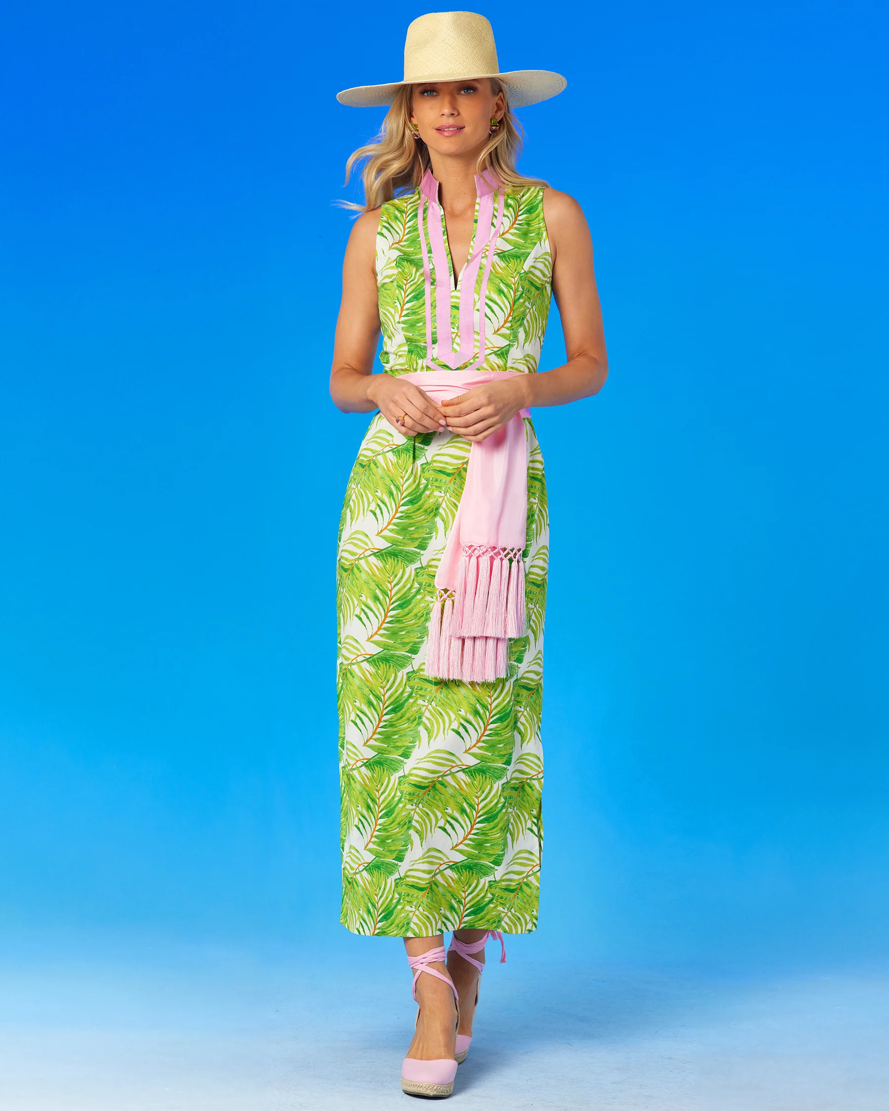 Ashley Sleeveless Long Dress in Undulating Palm Leaves | NICOBLU