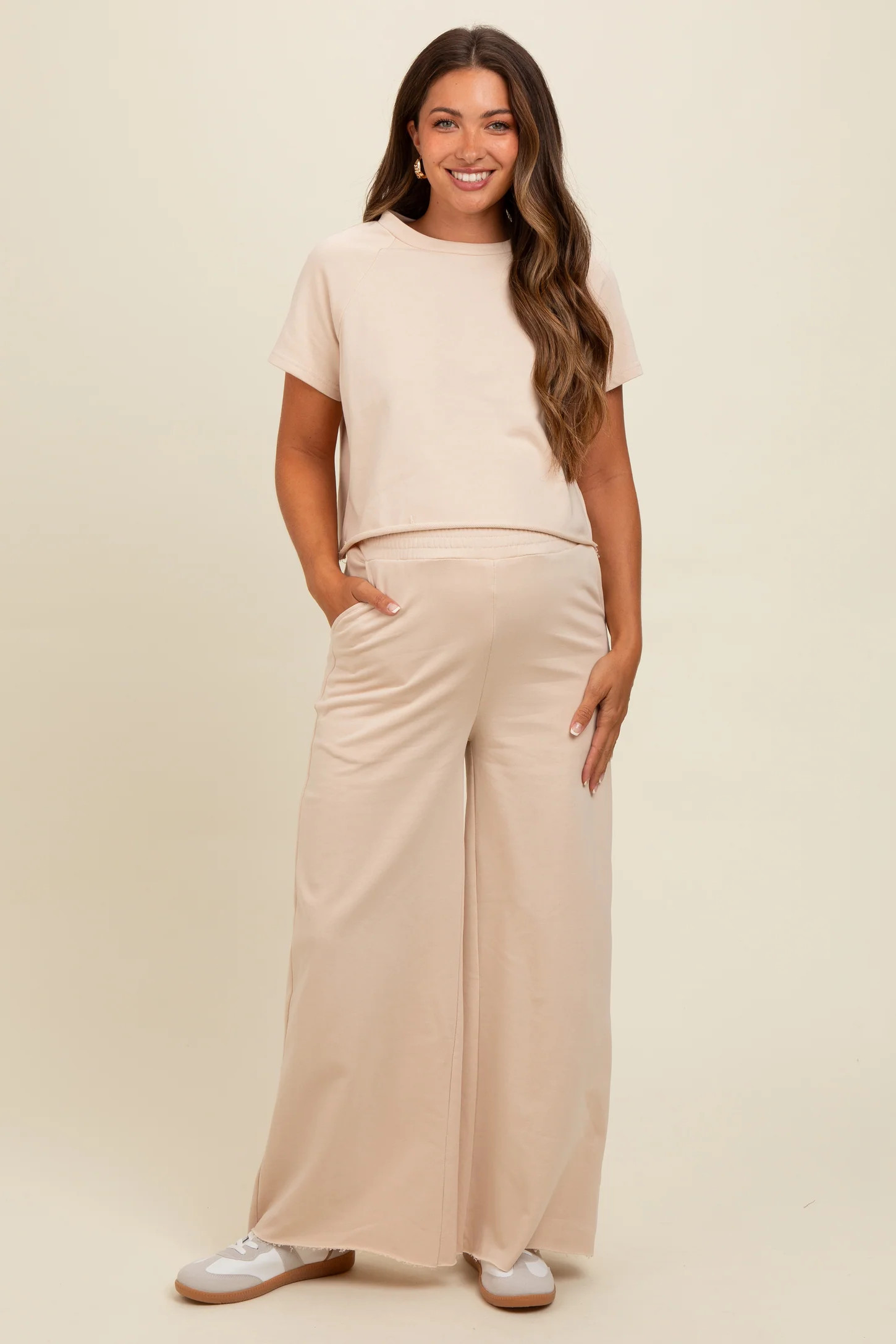 Beige Basic Tee And Wide Leg Pant Maternity Set | PinkBlush Maternity