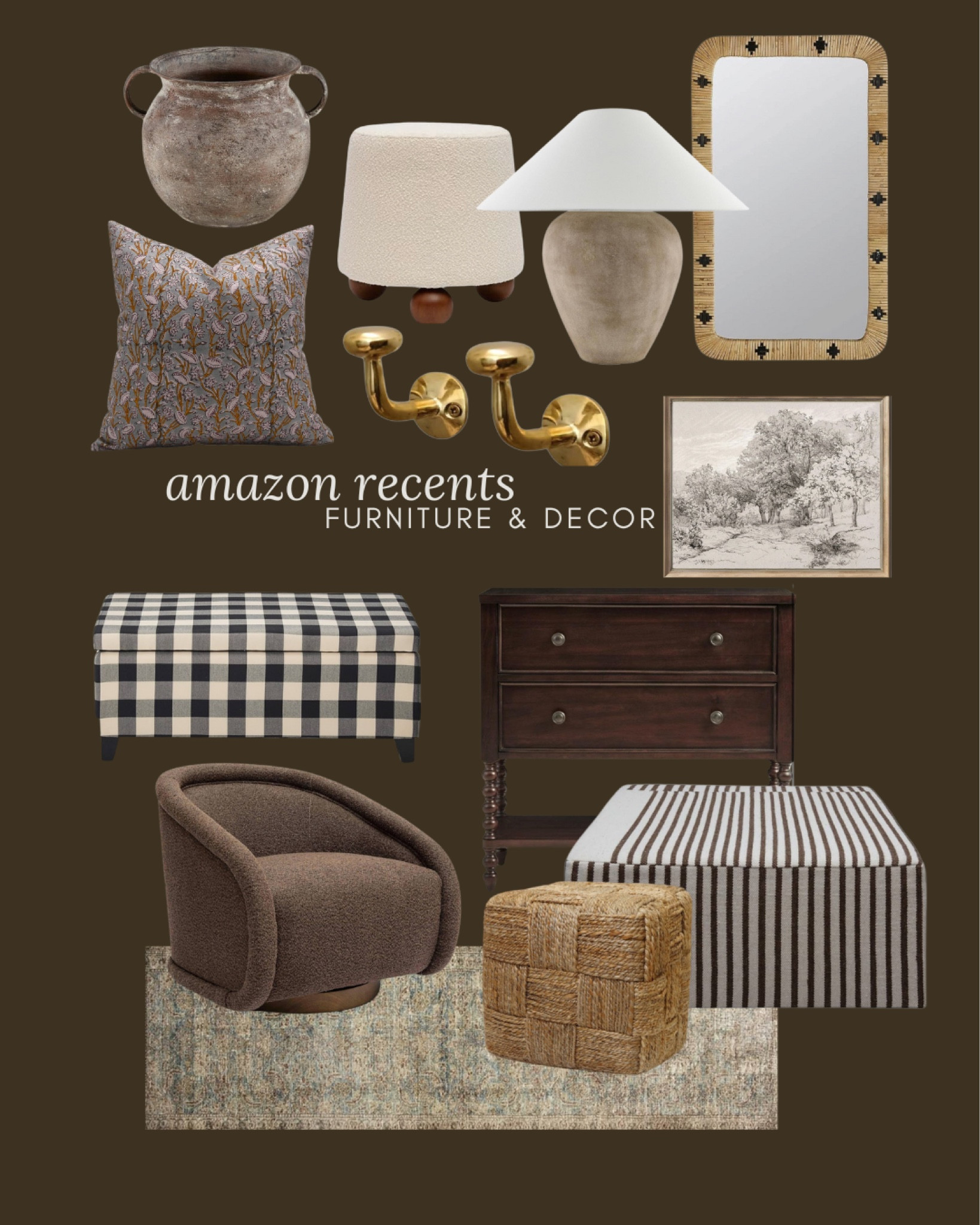 Amazon reasons, furniture and decor, modern table, lamp, black, print pillow, vintage style pillow, bed, pillow, ottoman, coffee, table, brown, gingham, ottoman, bench, brown, upholstered, chair, modern armchair, Amazon favorites, framed, and ready, Art Loloi rug 

#LTKStyleTip #LTKHome #LTKSaleAlert